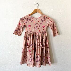 Mila & Rose Tan Floral & Peace Sign Elbow Length Sleeve Twirl Dress